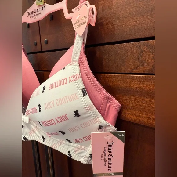 Juicy Couture NWT Girls 2Pk Pink & White Logo Scottie Print Padded Bras (I039) - Picture 2 of 6